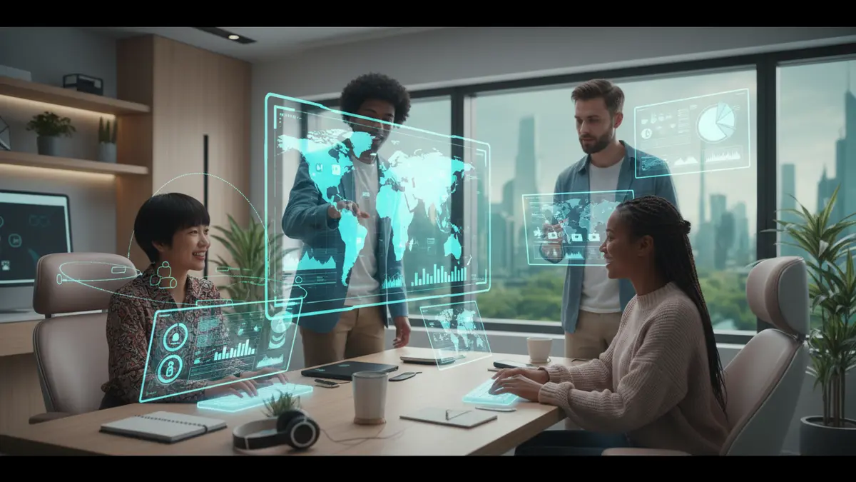 A diverse team collaborating on the best online digital marketing jobs for 2026 in a futuristic remote work environment.