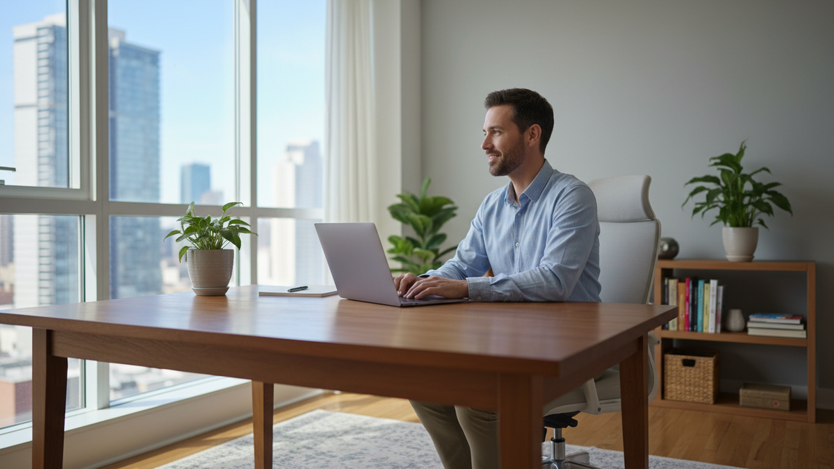 A person planning their new career path to successfully transition to online jobs from a home office.