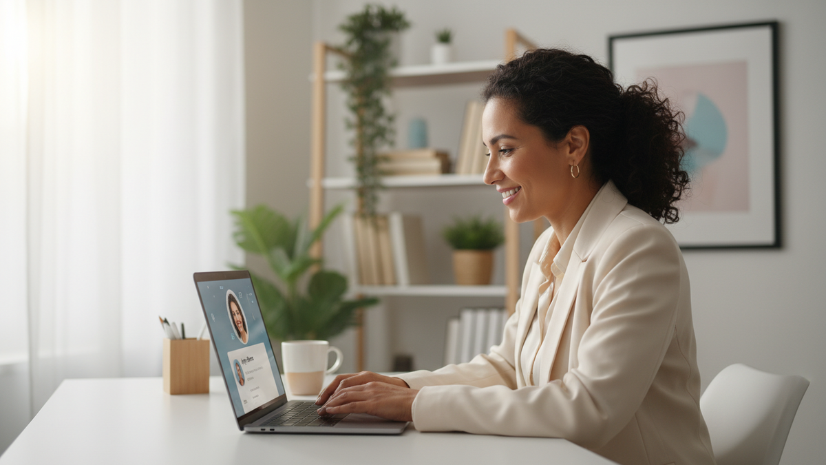 A professional using our guide to optimize your profile to land top online jobs on their laptop.